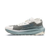 A single Altra running shoe shown in a side profile on a clean white background. The shoe features a gray and white knit upper with a light blue and white midsole, and the Altra brand name is visible on the side. - Altra Olympus 275 HiLo Shoes (Men's) - Grey/Sea Pine