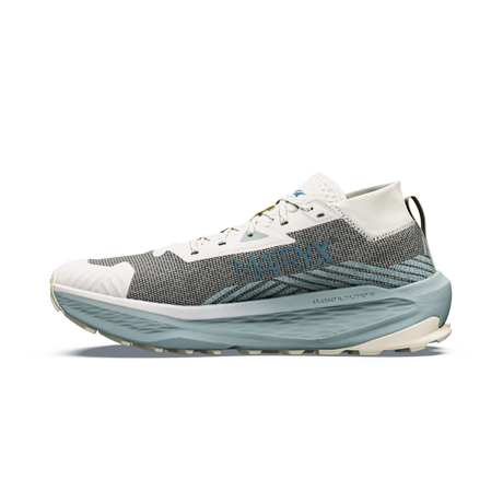 A single Altra running shoe shown in a side profile on a clean white background. The shoe features a gray and white knit upper with a light blue and white midsole, and the Altra brand name is visible on the side. - Altra Olympus 275 HiLo Shoes (Men's) - Grey/Sea Pine