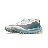 A pair of Altra trail running shoes in gray, white, and light blue, shown from a side profile view on a white background. - Altra Olympus 275 HiLo Shoes (Men's) - Grey/Sea Pine