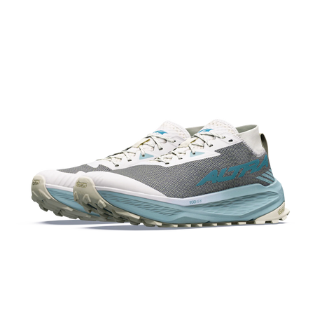 A pair of Altra trail running shoes in gray, white, and light blue, shown from a side profile view on a white background. - Altra Olympus 275 HiLo Shoes (Men's) - Grey/Sea Pine
