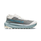A single trail running shoe shown in profile against a white background. The shoe features a gray mesh upper, white laces and toe cap, a light blue midsole, and a blue 'ASTRA' logo on the heel. - Altra Olympus 275 HiLo Shoes (Men's) - Grey/Sea Pine