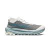 A single trail running shoe shown in profile against a white background. The shoe features a gray mesh upper, white laces and toe cap, a light blue midsole, and a blue 'ASTRA' logo on the heel. - Altra Olympus 275 HiLo Shoes (Men's) - Grey/Sea Pine