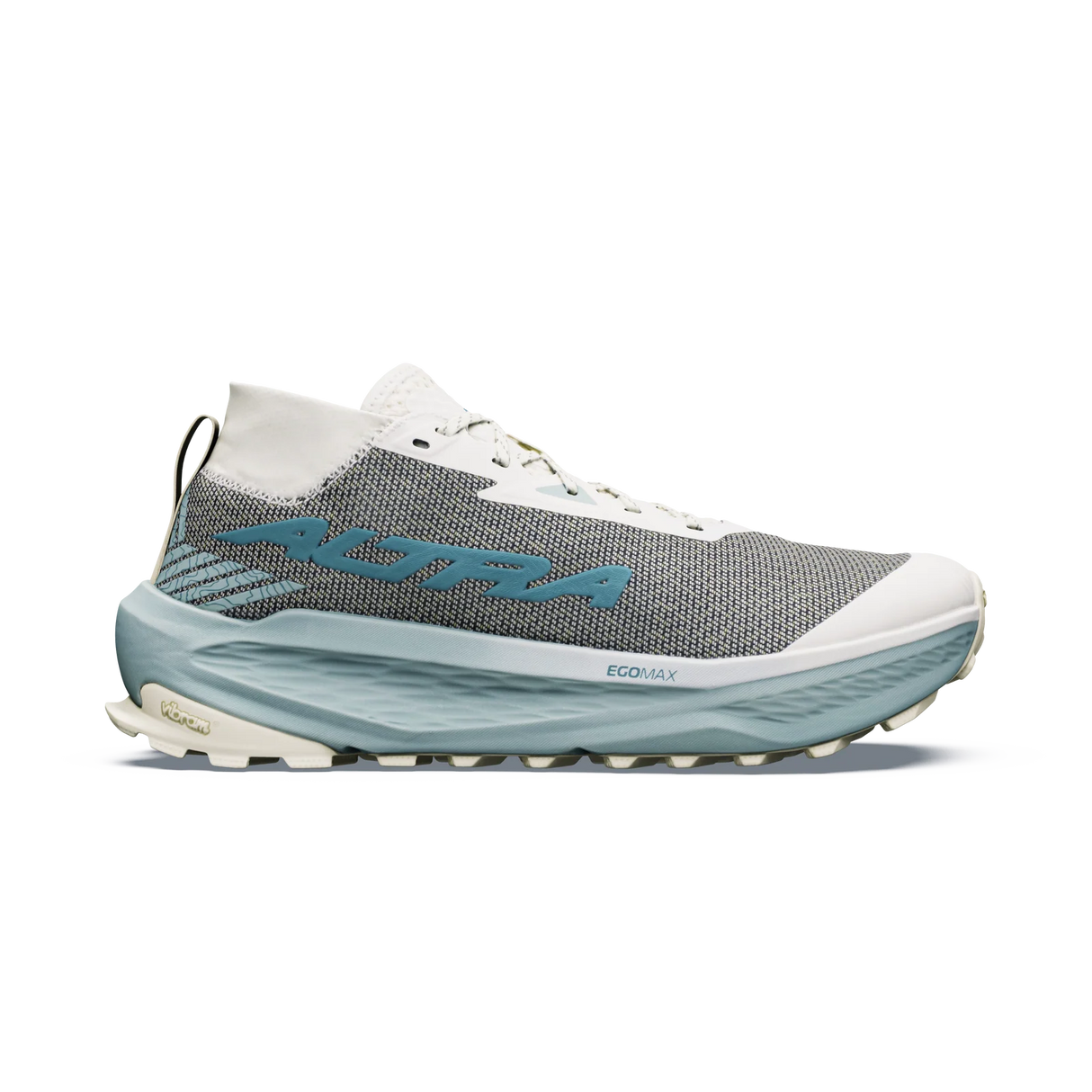 A single trail running shoe shown in profile against a white background. The shoe features a gray mesh upper, white laces and toe cap, a light blue midsole, and a blue 'ASTRA' logo on the heel. - Altra Olympus 275 HiLo Shoes (Men's) - Grey/Sea Pine