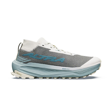 A single trail running shoe shown in profile against a white background. The shoe features a gray mesh upper, white laces and toe cap, a light blue midsole, and a blue 'ASTRA' logo on the heel. - Altra Olympus 275 HiLo Shoes (Men's) - Grey/Sea Pine
