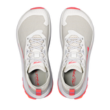 A pair of Hoka running shoes shown from a top-down view, featuring a light gray and white mesh upper with bright coral pink accents on the outsole, heel pull tabs, and inner lining. - Altra Olympus 275 HiLo Shoes (Women's) - Grey/Coral