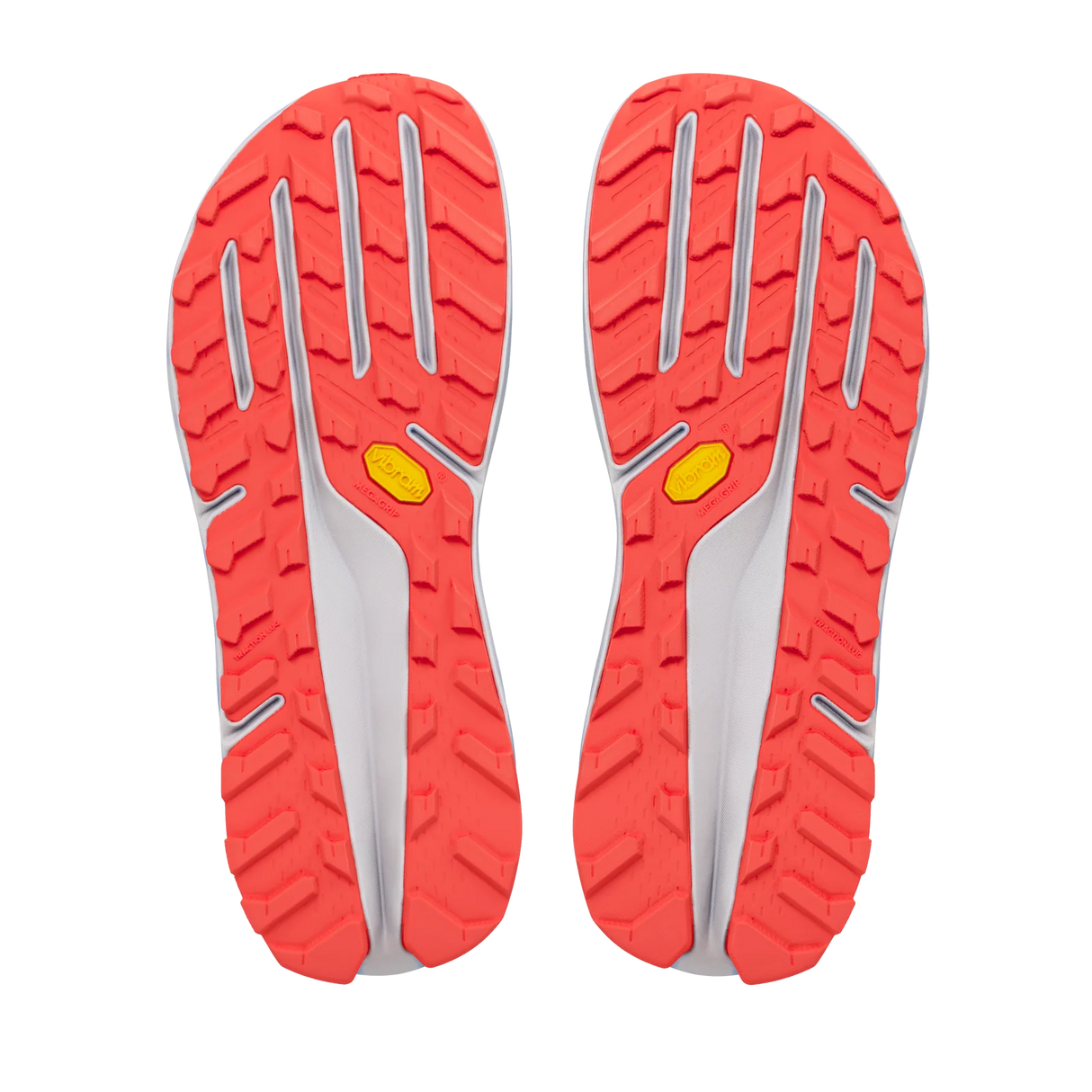 A pair of Vibram trail running shoes shown from the sole view, featuring a bright coral-red outsole with a white central channel and a small yellow Vibram logo. - Altra Olympus 275 HiLo Shoes (Women's) - Grey/Coral