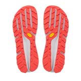 A pair of Vibram trail running shoes shown from the sole view, featuring a bright coral-red outsole with a white central channel and a small yellow Vibram logo. - Altra Olympus 275 HiLo Shoes (Women's) - Grey/Coral