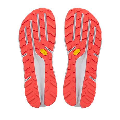 A pair of Vibram trail running shoes shown from the sole view, featuring a bright coral-red outsole with a white central channel and a small yellow Vibram logo. - Altra Olympus 275 HiLo Shoes (Women's) - Grey/Coral