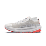A white and gray running shoe with bright coral-red accents on the outsole and heel pull tab, shown in a side profile on a white background. - Altra Olympus 275 HiLo Shoes (Women's) - Grey/Coral