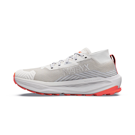 A white and gray running shoe with bright coral-red accents on the outsole and heel pull tab, shown in a side profile on a white background. - Altra Olympus 275 HiLo Shoes (Women's) - Grey/Coral