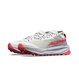 A pair of Altra running shoes in white and light gray with bright red accents on the outsole, heel, and logo, shown against a solid white background. - Altra Olympus 275 HiLo Shoes (Women's) - Grey/Coral