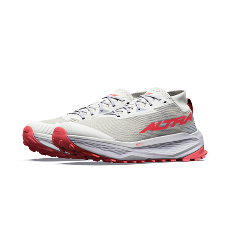 A pair of Altra running shoes in white and light gray with bright red accents on the outsole, heel, and logo, shown against a solid white background. - Altra Olympus 275 HiLo Shoes (Women's) - Grey/Coral