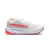 A Kipsta running shoe in white and light gray mesh with vibrant coral pink accents on the logo, heel pull tab, and outsole, shown in a side profile on a white background. - Altra Olympus 275 HiLo Shoes (Women's) - Grey/Coral