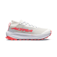 A Kipsta running shoe in white and light gray mesh with vibrant coral pink accents on the logo, heel pull tab, and outsole, shown in a side profile on a white background. - Altra Olympus 275 HiLo Shoes (Women's) - Grey/Coral