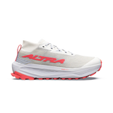 A Kipsta running shoe in white and light gray mesh with vibrant coral pink accents on the logo, heel pull tab, and outsole, shown in a side profile on a white background. - Altra Olympus 275 HiLo Shoes (Women's) - Grey/Coral