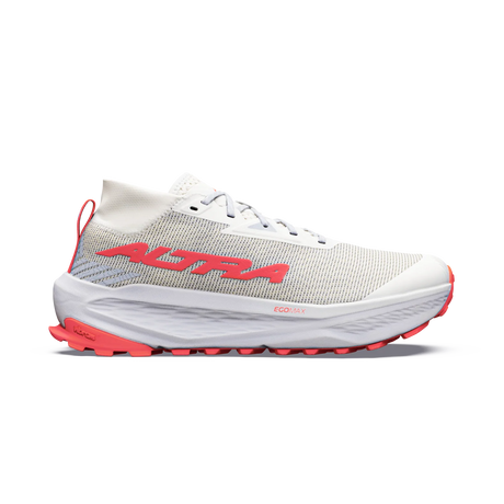 A Kipsta running shoe in white and light gray mesh with vibrant coral pink accents on the logo, heel pull tab, and outsole, shown in a side profile on a white background. - Altra Olympus 275 HiLo Shoes (Women's) - Grey/Coral