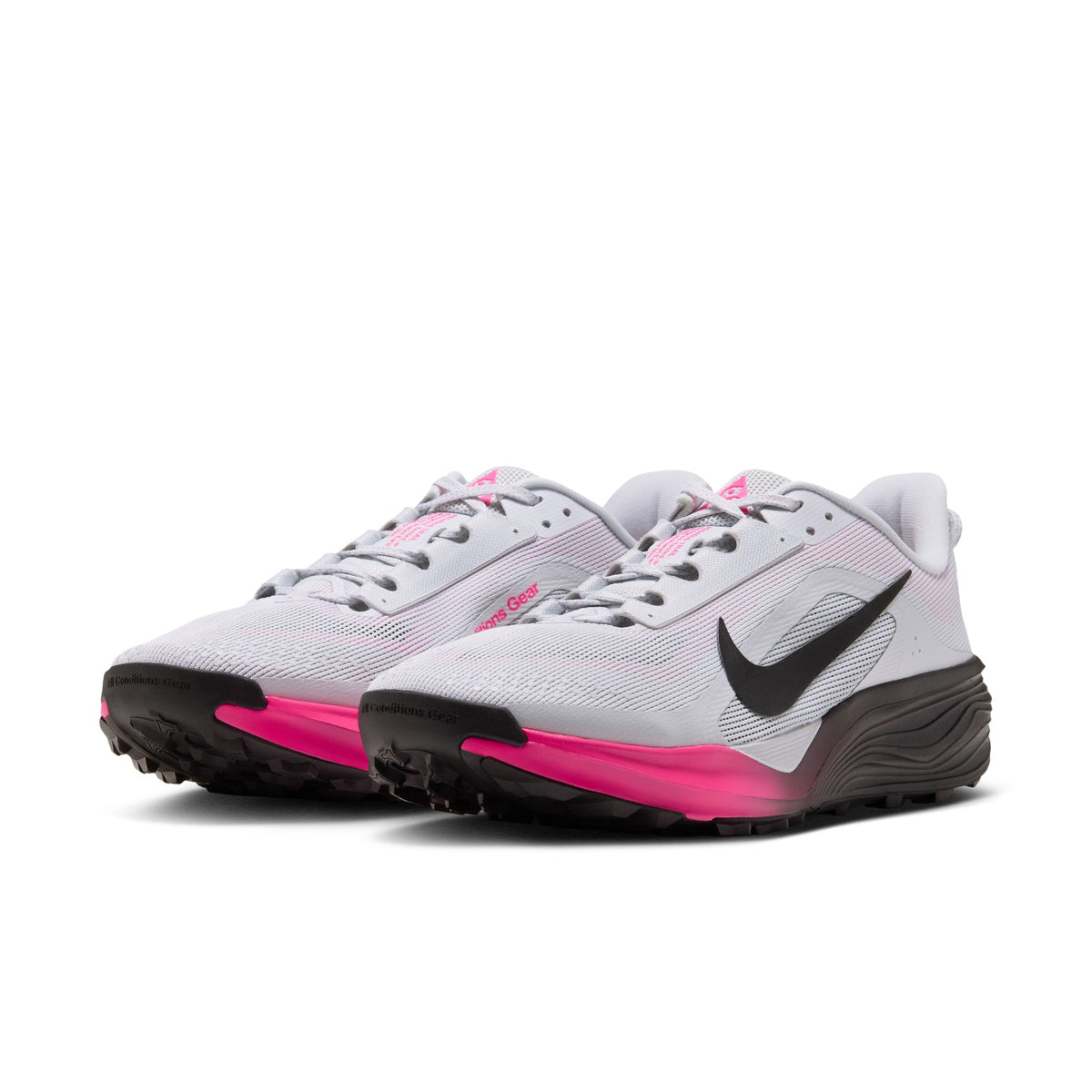 A pair of Nike running shoes in white and black with vibrant pink accents, shown from a three-quarters angle on a clean white background. - Nike ACG Pegasus Trail Shoes (Men's) - Pure Platinum/Black-Hyper Pink
