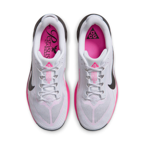A pair of Nike running shoes in white, pink, and black, shown from a top-down view on a white background. - Nike ACG Pegasus Trail Shoes (Men's) - Pure Platinum/Black-Hyper Pink