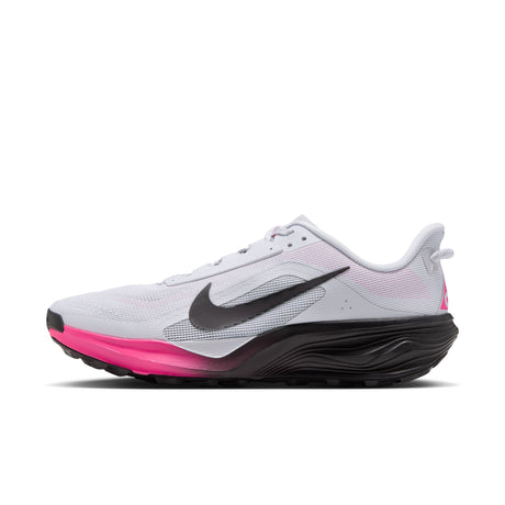 A Nike running shoe in white and light gray with a black swoosh, a bright pink midsole accent, and a black outsole, shown from the side on a white background. - Nike ACG Pegasus Trail Shoes (Men's) - Pure Platinum/Black-Hyper Pink
