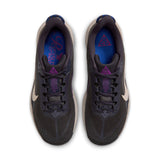A pair of Nike running shoes shown from a top-down view on a white background. The shoes are primarily dark charcoal gray with purple accents on the tongue, laces, and inner lining, and a light beige midsole. - Nike ACG Pegasus Trail Shoes (Men's) - Gridiron/Cream II-Racer Blue