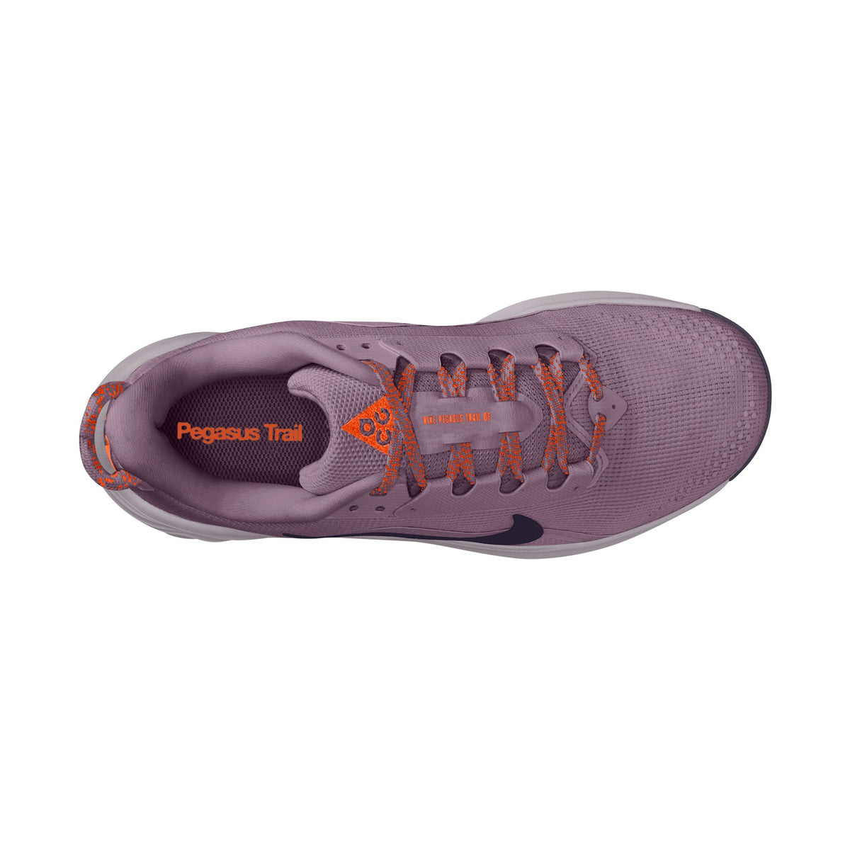 A top-down view of a Nike Pegasus Trail running shoe in a dusty purple colorway with bright orange accents on the laces and heel, and a black Swoosh logo. - Nike ACG Pegasus Trail Shoes (Women's) - Violet Dust/Purple Dynasty-Safety Orange