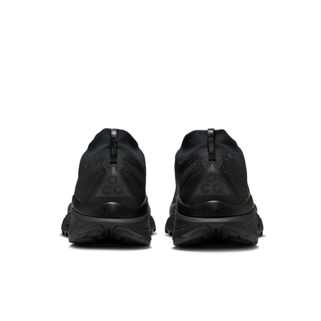 A pair of black athletic sneakers shown from the rear, featuring textured mesh uppers, zip closures, and chunky black midsoles on a solid white background. - Nike ACG Zegama Trail GORE-TEX Shoes (Men's) - Black/Anthracite