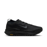 A black Nike running shoe with a textured mesh upper, a dark gray Swoosh logo, and a black Vibram outsole, shown in a side profile on a white background. - Nike ACG Zegama Trail GORE-TEX Shoes (Men's) - Black/Anthracite