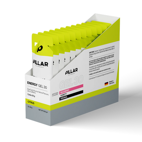 A retail display box of PILLAR ENERGY GEL 30 variety pack, filled with individual gel packets in a bright lime green and white color scheme, set against a plain white background. - Pillar Performance Energy Gel 30 - Citrus - 12 Pack