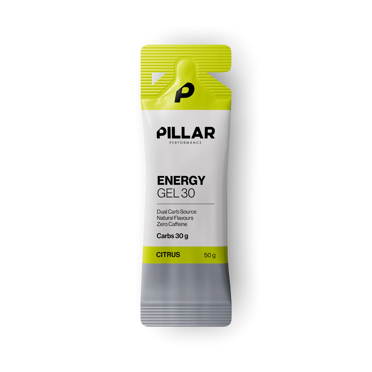 A single packet of PILLAR Performance Energy Gel 30 in Citrus flavor, featuring a white and bright yellow-green design with a gray lower section, shown on a plain white background. - Pillar Performance Energy Gel 30 - Citrus - Single