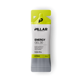 A single packet of PILLAR Performance Energy Gel 30 in Citrus flavor, featuring a white and bright yellow-green design with a gray lower section, shown on a plain white background. - Pillar Performance Energy Gel 30 - Citrus - Single