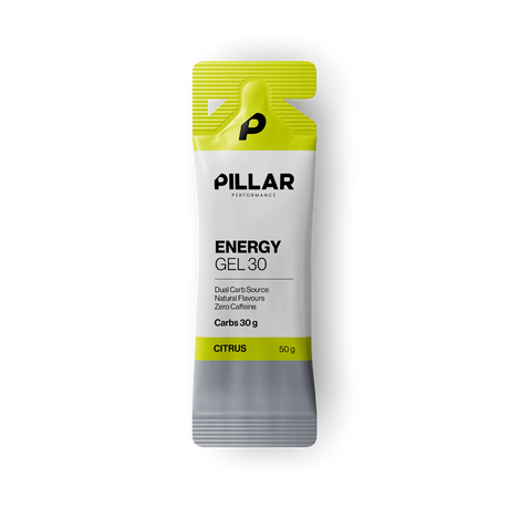 A single packet of PILLAR Performance Energy Gel 30 in Citrus flavor, featuring a white and bright yellow-green design with a gray lower section, shown on a plain white background. - Pillar Performance Energy Gel 30 - Citrus - Single