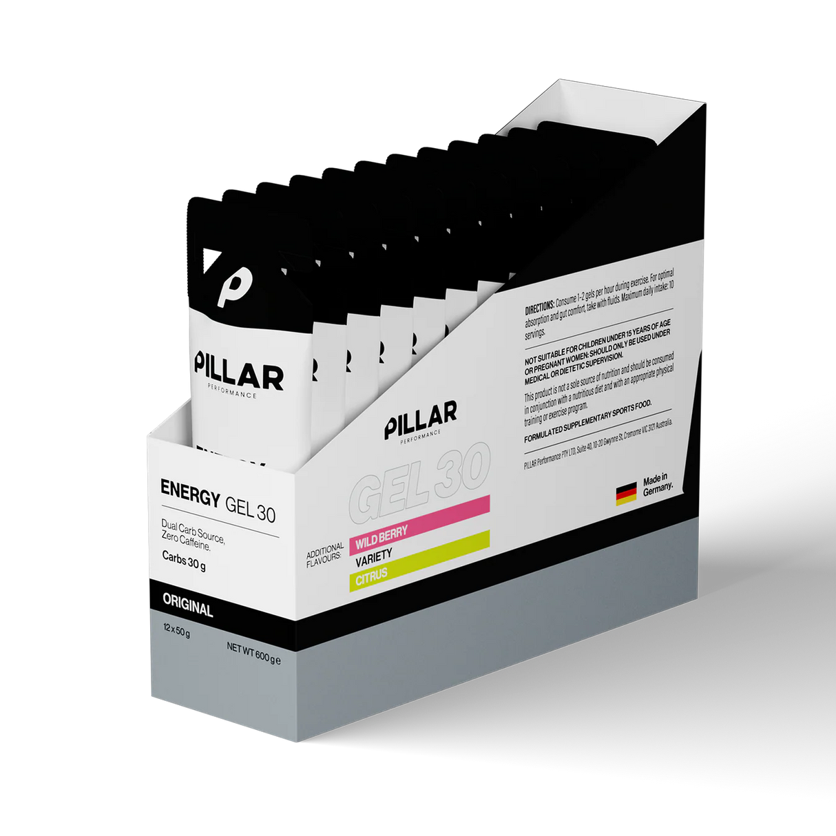 A retail display box of Pillar Performance Energy Gel 30, containing multiple individual sachets. The packaging is primarily white and black with gray accents, featuring pink and yellow variety labels. - Pillar Performance Energy Gel 30 - Original - 12 Pack