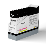 A retail display box of Pillar Performance Energy Gel 30, containing multiple individual sachets. The packaging is primarily white and black with gray accents, featuring pink and yellow variety labels. - Pillar Performance Energy Gel 30 - Original - 12 Pack