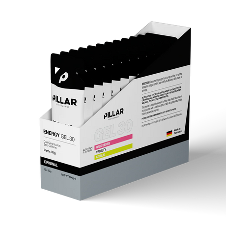 A retail display box of Pillar Performance Energy Gel 30, containing multiple individual sachets. The packaging is primarily white and black with gray accents, featuring pink and yellow variety labels. - Pillar Performance Energy Gel 30 - Original - 12 Pack
