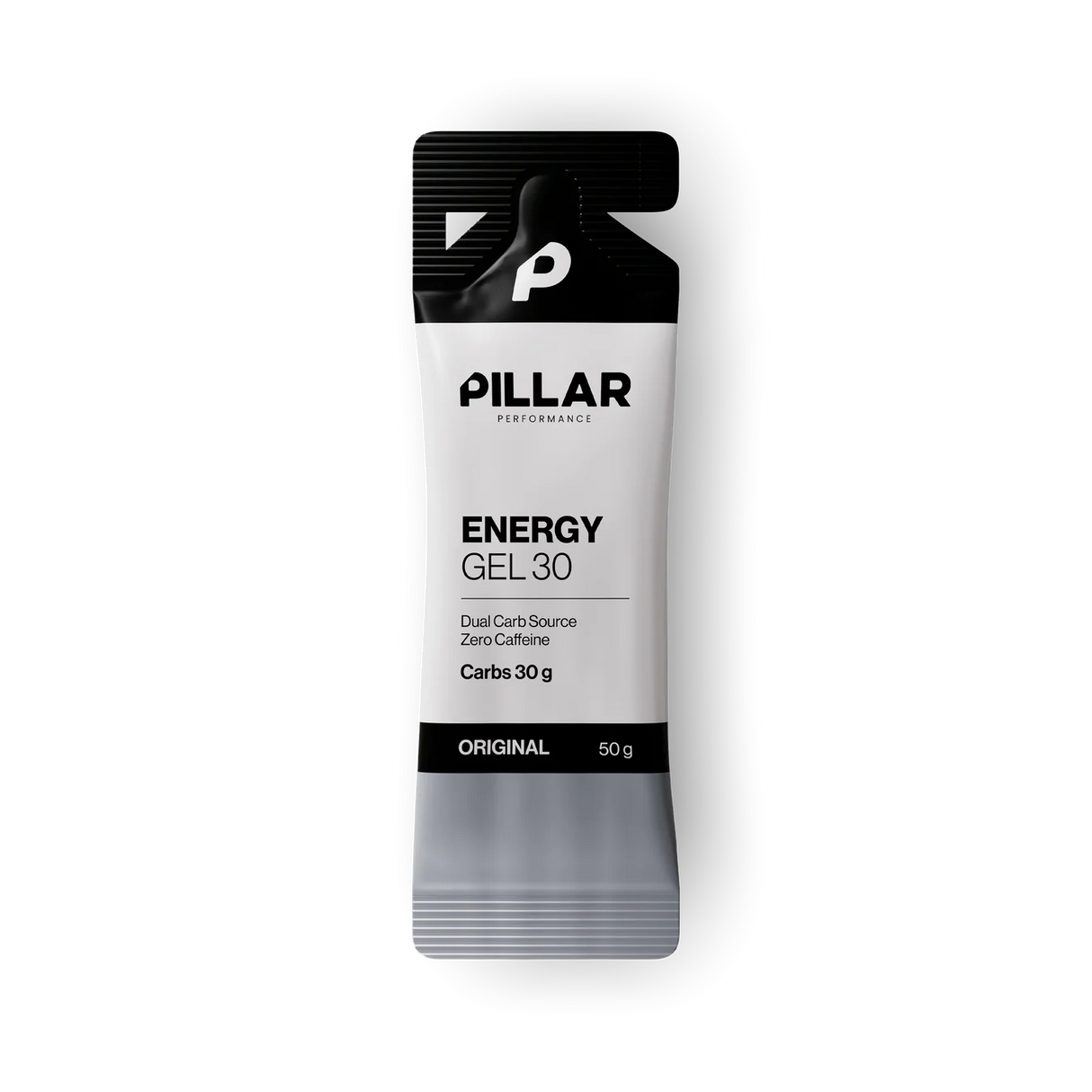 A single Pillar Performance Energy Gel 30 packet, 50g, shown on a clean white background. The packaging features a black and white design with a gray gradient at the bottom, displaying the brand name 'PILLAR' and product details. - Pillar Performance Energy Gel 30 - Original - Single