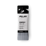 A single Pillar Performance Energy Gel 30 packet, 50g, shown on a clean white background. The packaging features a black and white design with a gray gradient at the bottom, displaying the brand name 'PILLAR' and product details. - Pillar Performance Energy Gel 30 - Original - Single