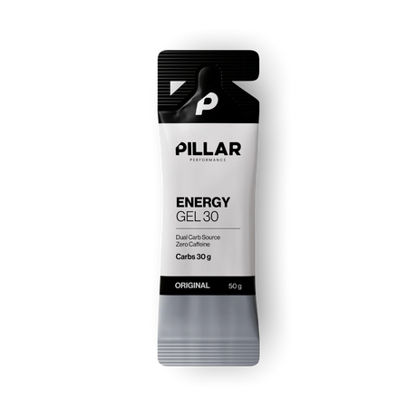 A single Pillar Performance Energy Gel 30 packet, 50g, shown on a clean white background. The packaging features a black and white design with a gray gradient at the bottom, displaying the brand name 'PILLAR' and product details. - Pillar Performance Energy Gel 30 - Original - Single