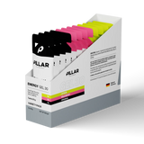 A retail display box of PILLAR Energy Gel 30 vareti packets in black, white, pink, yellow, and green, shown on a clean white background. - Pillar Performance Energy Gel 30 - Variety 12 Pack