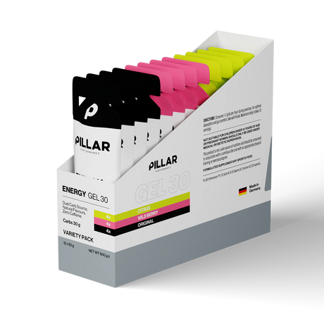 A retail display box of PILLAR Energy Gel 30 vareti packets in black, white, pink, yellow, and green, shown on a clean white background. - Pillar Performance Energy Gel 30 - Variety 12 Pack