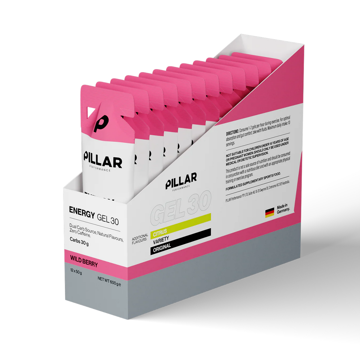 Box of Pillar Energy Gel 30 with pink packaging on a black background - Pillar Performance Energy Gel 30 - Wild Berry - 12 Pack