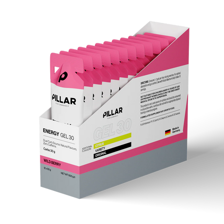 Box of Pillar Energy Gel 30 with pink packaging on a black background - Pillar Performance Energy Gel 30 - Wild Berry - 12 Pack