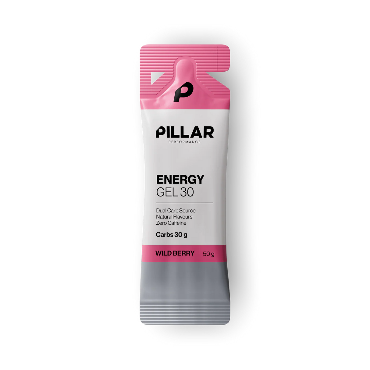 A single packet of PILLAR Performance Energy Gel 30 in Wild Berry flavor, featuring a white and pink design with a gray foil seal, centered on a plain white background. - Pillar Performance Energy Gel 30 - Wild Berry - Single