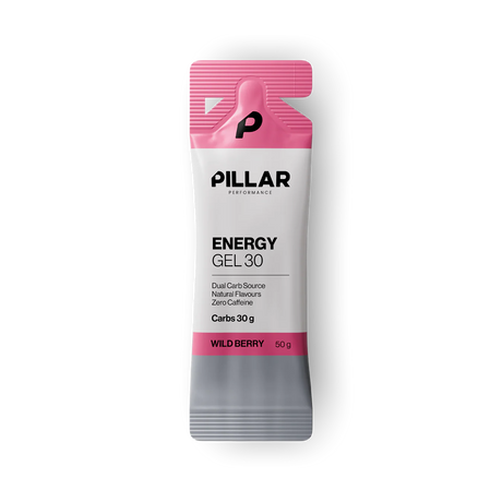 A single packet of PILLAR Performance Energy Gel 30 in Wild Berry flavor, featuring a white and pink design with a gray foil seal, centered on a plain white background. - Pillar Performance Energy Gel 30 - Wild Berry - Single
