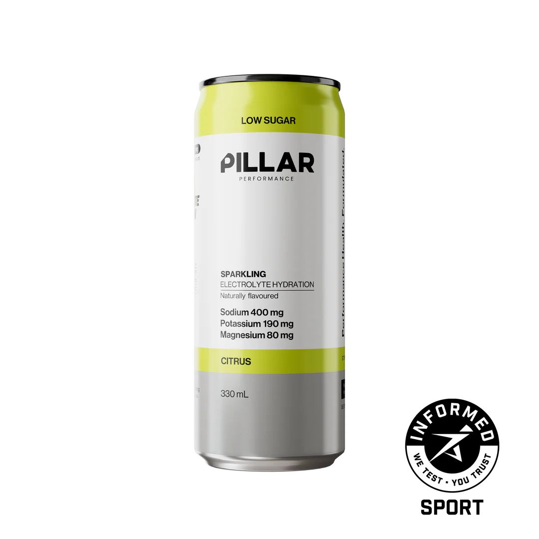 A 300 mL can of PILLAR Performance Sparkling Electrolyte Hydration in Citrus flavor, featuring a white and lime green design. A black and white 'Informed Sport' logo is displayed in the bottom right corner on a solid white background. - Pillar Performance Sparkling Electrolyte Hydration - Citrus