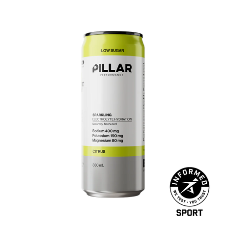 A 300 mL can of PILLAR Performance Sparkling Electrolyte Hydration in Citrus flavor, featuring a white and lime green design. A black and white 'Informed Sport' logo is displayed in the bottom right corner on a solid white background. - Pillar Performance Sparkling Electrolyte Hydration - Citrus