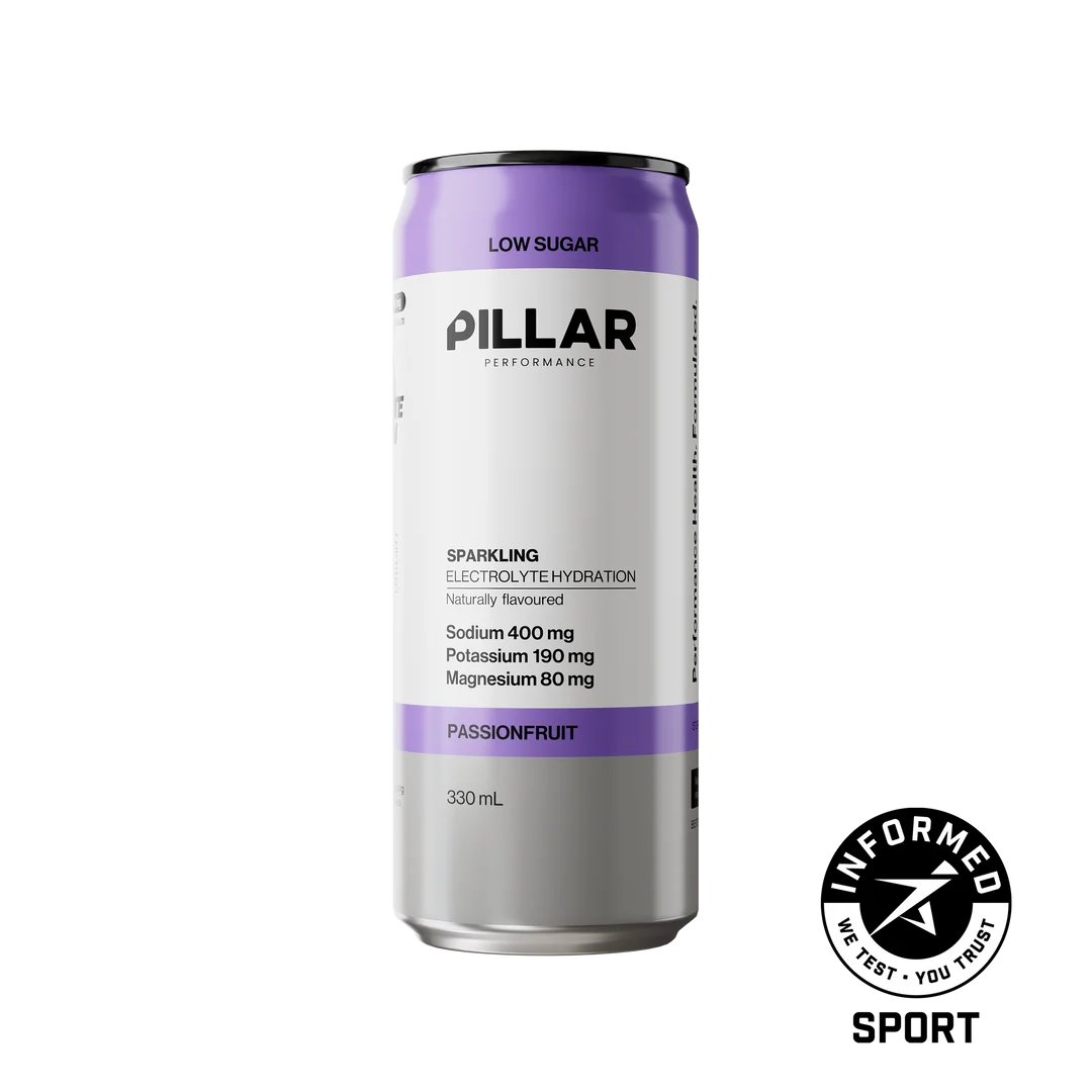 A 330 mL can of PILLAR Performance Sparkling Electrolyte Hydration in Passionfruit flavor, featuring a white and purple label on a white background with an INFORMED SPORT seal in the bottom right corner. - Pillar Performance Sparkling Electrolyte Hydration - Passionfruit