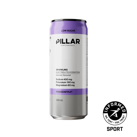 A 330 mL can of PILLAR Performance Sparkling Electrolyte Hydration in Passionfruit flavor, featuring a white and purple label on a white background with an INFORMED SPORT seal in the bottom right corner. - Pillar Performance Sparkling Electrolyte Hydration - Passionfruit