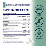 Supplement facts label for an electrolyte capsule product with a white background and pale green side panel, showing a supplement facts table and icons for GMO, Non-GMO, Gluten Free, and Vegetarian. Two white capsules are shown at the bottom. - SaltStick Race Ready Capsules