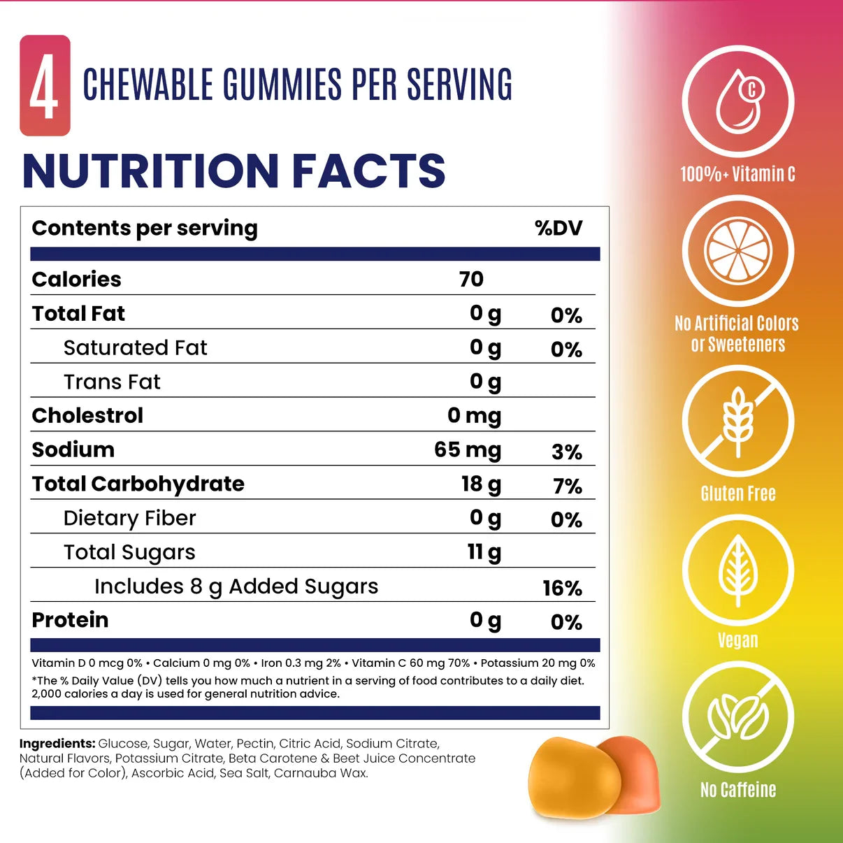 Nutrition facts label for chewable gummies with icons indicating health benefits on a colorful background. - SaltStick Energy Gummies - OMG! Orange, Mango, Guava - 