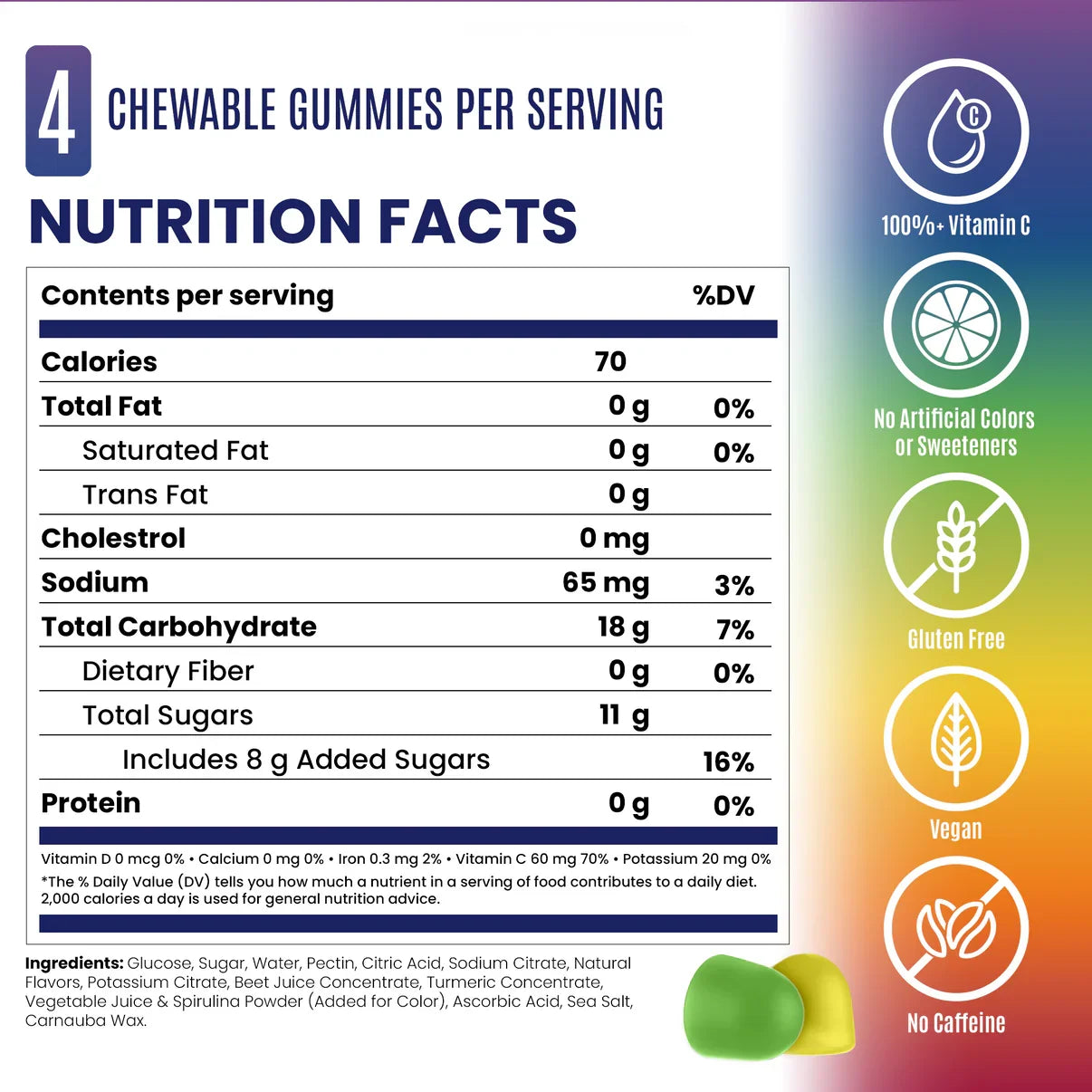 Nutrition facts label for chewable gummies with icons indicating vitamin C, no artificial colors or sweeteners, gluten-free, vegan, and no caffeine. - SaltStick Energy Gummies - OMG! Rainbow Blast - 
